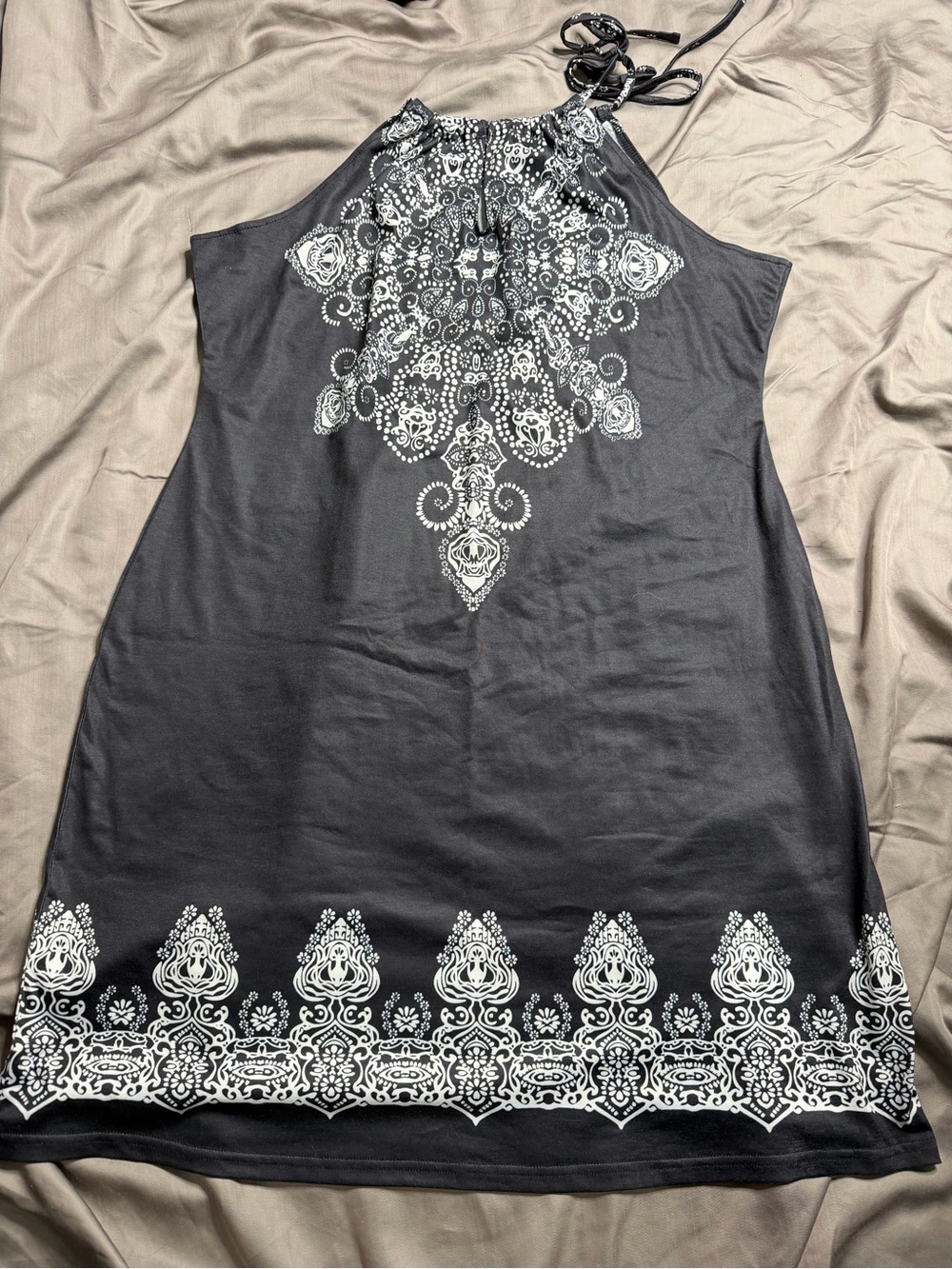 Black Halter Mini Dress with White Ornate Print